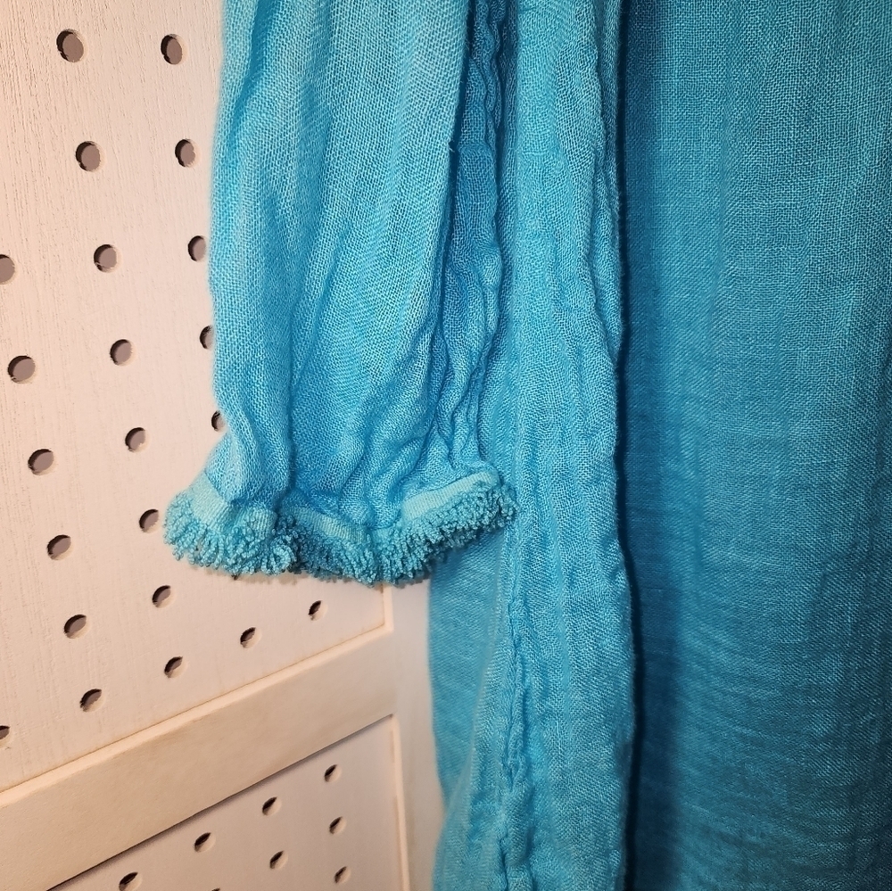 Harris Cotton Medium Linen Cover up Dress Fringe Aqua Blue Fringe Medium - Picture 6 of 7